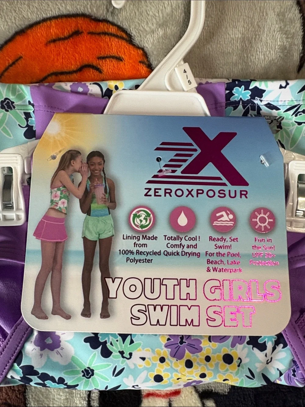 ZeroXposur Girls Floral Swim Top - Purple & Aqua Floral 3 Piece NWT Size 4/5 T